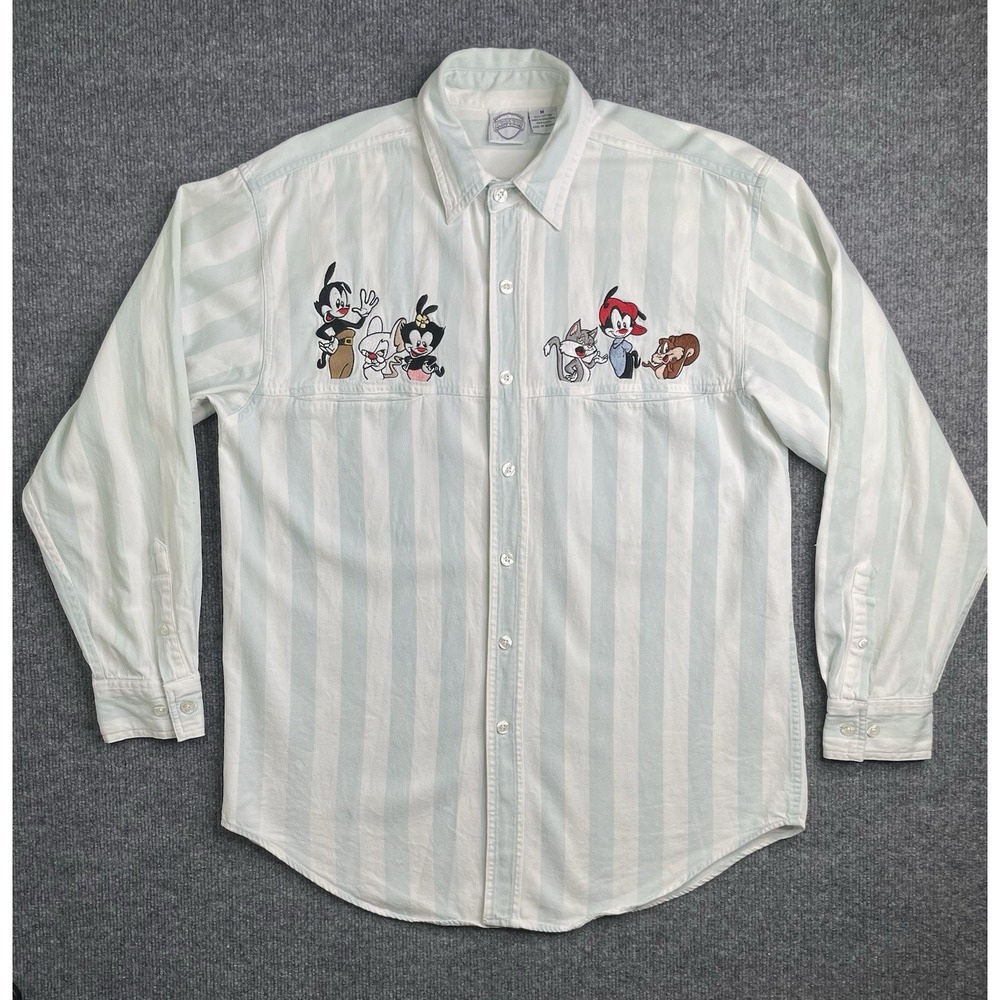 Animaniacs Button Down Shirt‎ Mens M Blue Striped Vintage 1994 Embroidered 90s